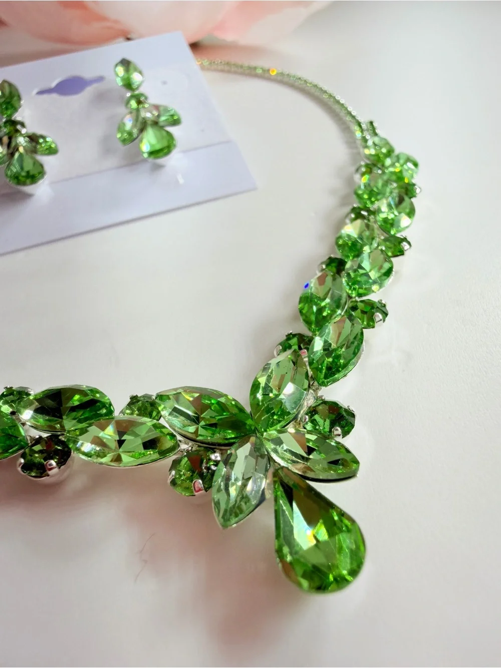 Green Crystal Teardrop Necklace and Earring Set